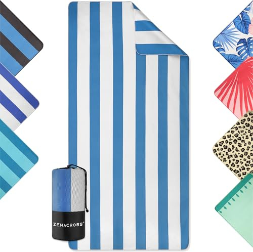 ZENACROSS - Serviette de Plage Microfibre - Séchage Rapide & Anti-Sable - Drap de Plage XXL 90x180 cm - Compacte & Légère - Serviette Piscine - Blanc & Bleu Clair