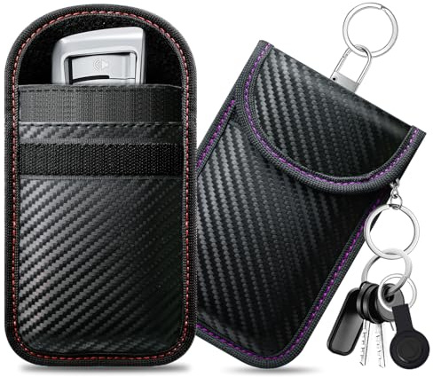 Caslord Keyless Go - Funda Protectora para Llave de Coche (2 Unidades, Faraday Bags, Fibra de Carbono, Cuero, Keyless Go, Bloqueador RFID) - 14 x 9 cm (Rojo y Morado)