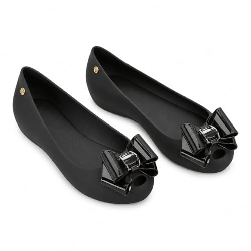 Gizelle Womens Black Jelly Flat Shoes with Bow - Ladies Comfy Slip-On Casual Wear Every-Day Jelly Ballet Shoes Ballerina Pumps, 8 UK