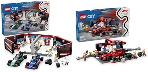 LEGO City F1 Garage & Mercedes-AMG & Alpine Cars + F1 Pit Stop & Pit Crew with Ferrari Car Toy 60444 + 60443
