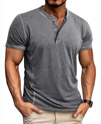 NLAND T-Shirt Classica Girocollo con Bottoni Henley Shirt da Uomo Estivi Maniche Corte Magliette Traspirante Soffice Slim Sportiva