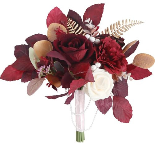 Fouriding Ramos de novia de boda, color burdeos, flores artificiales de mano, ramo de novia, dama de honor, para ceremonia, aniversario, fiesta, despedida de soltera, decoración de boda