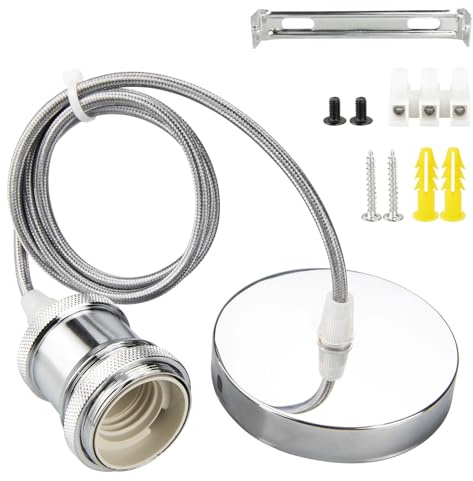 Urcianow Silver takhänge med E27-uttag och 1 m justerbar silvertwist-kabel lämplig för takrosetter (diameter: 10 cm) perfekt för takbelysning, bar, café