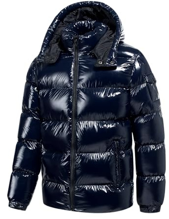 TONY BACKER Giubbotto Giacca Corto Piumino Pesante Invernale Lucido Uomo Antivento Impermeabile con Cappuccio staccabile 2615 (IT, Testo, L, Regular, Regular, NAVY)