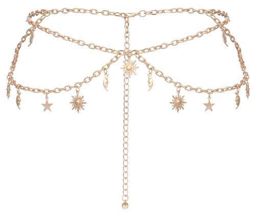 Double Layer Metal Belt, Adjustable Waist Chain Belt, Gold Belts Chain for Dresses Jeans Pants, Sun Star Moon Belts Fits Size 23-46 inch, Decorative Celestial Belly Body Chains Jewelry for Women