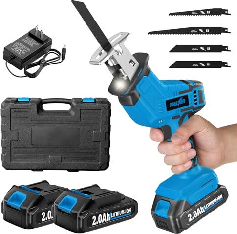FULLYEA Cordless Reciprocating Saw, 3500 RPM Electric Saws with 4 Blades & 2 Batteries, Tool‑Free Blade Change, Handheld Saw Lightweight, Battery Reciprocating Saws for Cutting Wood PVC Pipe (Blue)