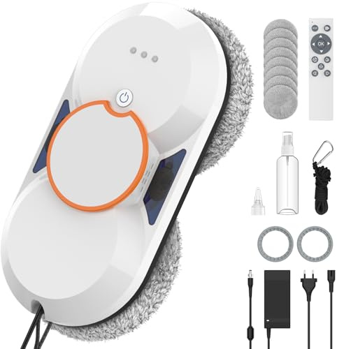 Robot Nettoyeur Vitres, 5600Pa Robot Laveur de Vitre Automatique avec Double Pulvérisation D'eau Automatique, 3 Modes de Nettoyage, Télécommande, Navigation Intelligente, Système de Sécurité＆8 Chiffon