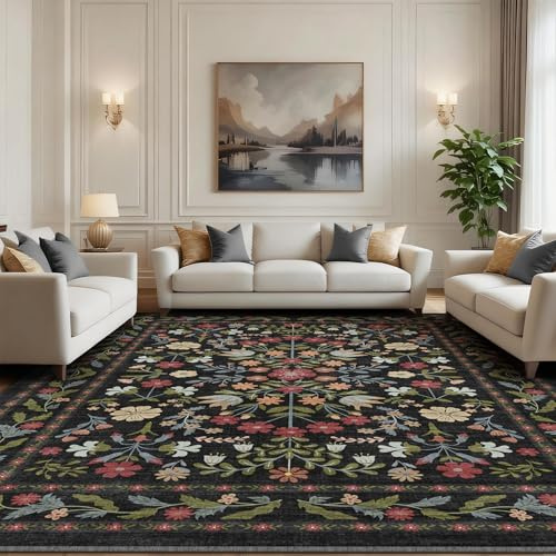 BYBSRLL Rugs Living Room 160x230cm, Vintage Floral Rug, Washable Rug & Non-Slip Low Pile Carpet, Soft Boho Large Rugs for Bedroom, Kitchen, Entryway, Hallway, Dinning Room, Black