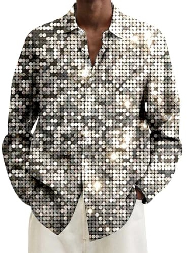 Camisa de discoteca para hombre, traje de los años 70, brillante, manga larga, camisa de negocios, camisa de ocio para hombres, discoteca, baile, carnaval, fiesta, festival de música, impresión 3D