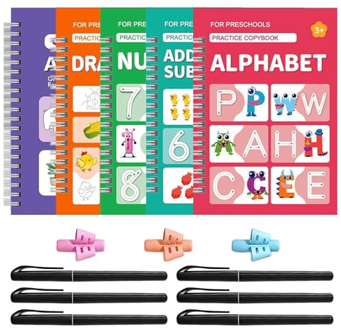 KINDLUME Cuaderno de Escritura, Práctica de Escritura para Niños, Cuaderno Reutilizable, Libro de Caligrafía Infantil, Set de Aprendizaje de Letras, para Escuela en Casa, Jardín de Infantes