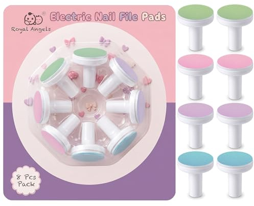 Royal Angels Elektriska ersättningsdynor för babynagelfilar, 8-pack blandade sliphuvuden (0-12 m+), universell passform för vanliga nageltrimmare, blandade dynor för olika åldrar (mjuk