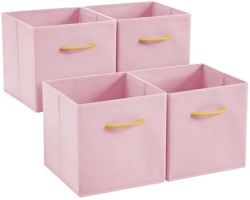 Collapsible Fabric Storage Cubes, Pack of 4 Foldable Boxes with Handles | Pink 33 x 38 x 33 cm | Non-Woven Fabric | Open-Top Cube Shelf Baskets For Wardrobes, Toys, Clothes & Nursery