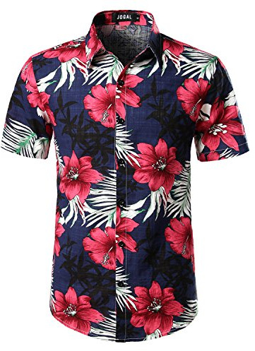 JOGAL Men's Hawaiian Shirt Short Sleeve Button Down Shirt Navy XXL