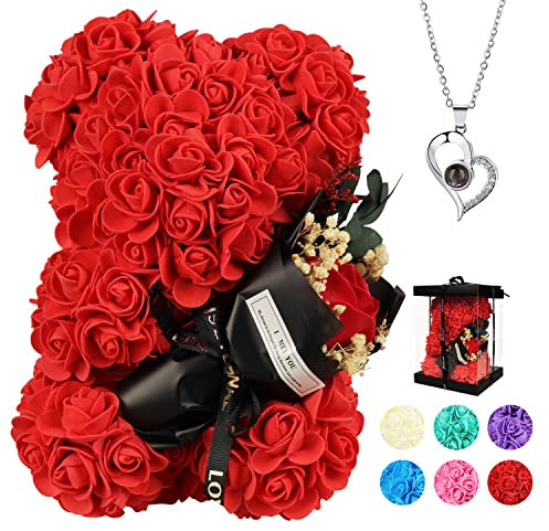 POHOMEGK Rose bear Christmas rose bear Gifts for Mum，Rose Bear Gifts for her Rose Flower Bear Teddy Bear with Box I Love You Necklace 100 Languages Beautiful Gift for Mum