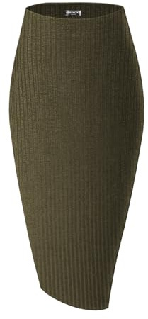 Urban Coco Women's High Waist Stretch Ribbed Knit Pencil Skirt Midi Length with Side Slit Office Work Bodycon Style, Army Green, M