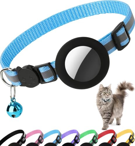 Collier Chat Airtag, Collier pour Chat Anti-étranglement avec Protecteur Airtag et Cloche, pour Toutes Les Tailles de Chats, Large de 1 Centimètres et Léger (Bleu)