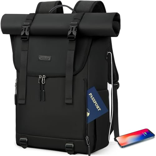 NEWHEY Rolltop Rucksack Herren Damen Wasserdicht Schulrucksack Groß Laptop Rucksack 17,3 Zoll Reiserucksack Daypacks für Uni Arbeit Reisen Freizeit Schwarz