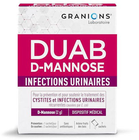 Duab D-Mannose GRANIONS | Dispositif médical | Traitement des cystites & infections urinaires chez la femme | En cas d'inconfort urinaire | Goût fruits des bois | 7 sachets