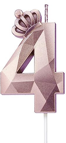 Zahl 4 Kerze, 7.6 cm große Happy Birthday-Kerze mit exquisiter 3D-Krone, Tortenaufsatz, Dekorationen für Hochzeit, Jahrestag, Geburtstag, Wiedervereinigung, Party-Dekoration, Feier (Rosé-4)