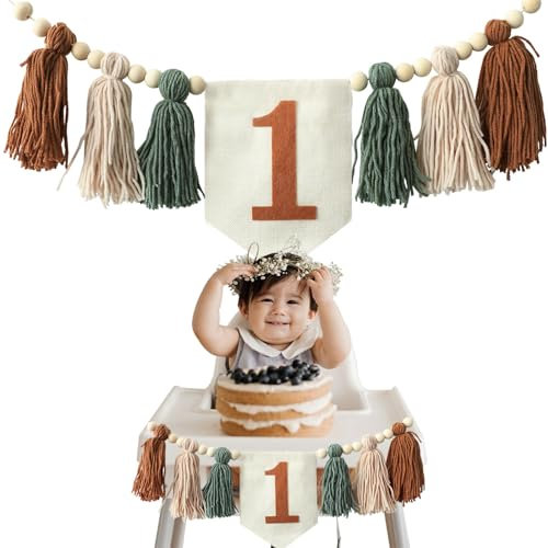 Ereniko Wild One High Chair Banner First Birthday Boy 1st Birthday Decorations for Baby Boy Green Brown Wall Hangings Wood Bead Tassel Garland First Birthday Party Decorations Photo Props