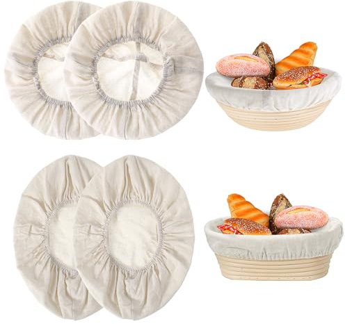 Oruola 4 forros de tela para cesta de pan, cubiertas de cuenco de 10 pulgadas para prueba de pan, cubierta de tela de ratán natural reutilizable para panadería y horneado en casa, 2 forros redondos y