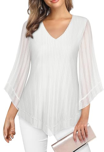 Gemulate White Chiffon Double Layer Party Top for Women - 3/4 Sleeve, Loose Fit, XXL - White Stripes