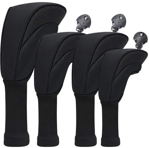 Golf Club Head Covers for Fairway Woods Driver Hybrids 4 Pieces Long Neck Mesh Sports Fan Golf Club Headcovers Set with Interchangeable No. Tags 3 4 5 6 7 X Golf Accessories for Men Women.
