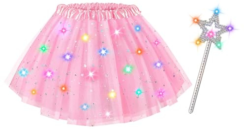 Teuevayl Girls Light Up Tutu Skirt, LED Glow Ballet Tutu Dress and Star Wand Halloween Costume for Kids 3 4 5 6 7 8 Years (Pink)