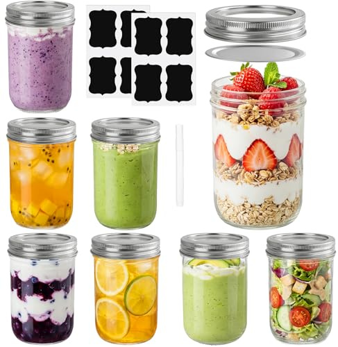 Otauoaea Pack de 8 Tarros de Cristal con Tapa Hermética - 250ml Mason Jar, Botes de Cristal Tarros Mason, Frascos de Vidrio con Tapa para Avena Nocturna, Mermelada, Conservas, Salsas, Miel