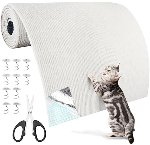 Selbstklebend Kratzmatte Katze 200cmx40cm Kratzteppich Katzen Kratzschutz Sofa Kratzwand für Katzenständer Holzgriff Möbel Wand Trimmbare DIY (Cremeweiß, 200cmx40cm)