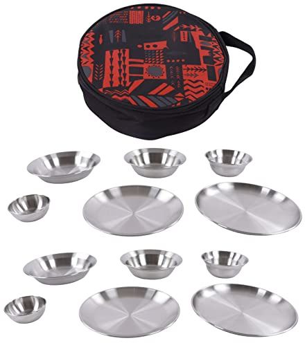 12PCS Camping Dinnerware Set Stainless Steel Camping Plates Bowls Set with Storage Bag for Outdoor Hiking Camping Picnics Travel Family Reusable Dishware Kit