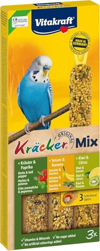 Vitakraft Kräcker Mix, Vogelsnack, für Wellensittiche, Knabberstangen, mit Kräutern und Paprika, mit Kiwi und Citrus, mit Banane und Sesam, ohne Zusatz von Zucker (1x 90g)