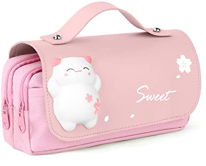 Vicloon Stort pennfodral, stor kapacitet, pennväska med många fack för kontorsmaterial, sminkväska, skolmaterial, lämplig för studenter, flickor, pojkar, tonåring, förvaring, present, Rosa,