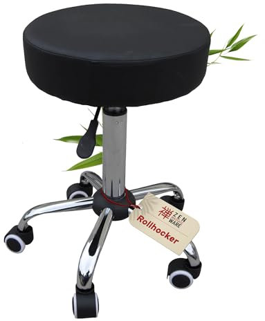 Zen – Rollhocker mit Rollen – ergonomischer Hocker – Drehhocker höhenverstellbar – ideal als Arbeitshocker, Massagehocker, Bürohocker, Praxis Arzthocker, Kosmetikhocker, Friseurhocker (Schwarz)
