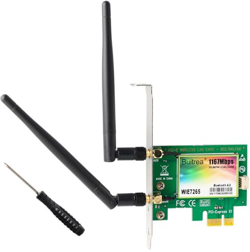 Tarjeta WiFi PCIe con Bluetooth 4.2, Intel Wireless-AC 7265, hasta 1167Mbps, Doble Banda (5G+2.4G) Tarjeta de Red WiFi Compatible con Windows 7/8.1/10/11(32/64Bit)
