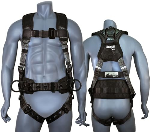 AFP Digital Camo Demon Fall Protection Ergonomic Comfort Safety Harness, Soft Pressure-Relieving Perforated Breathable Padded Foam Shoulder, Legs & Back, 3 D-Rings, Tongue Buckle, Mating Buckle