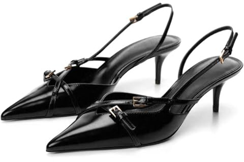 MICIFA Slingback Kitten Heels for Women Pointed Toe Stiletto Heels Slip On Pumps with Buckled Straps Dress Work Heeled Sandals, 1-black, 5 UK