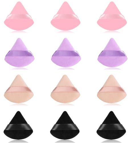 12 Unidades Maquillaje Puff con Correa Esponja Herramientas, Triángulo Maquillaje Borla de polvo, reutilizable Maquillaje Puffs, para Kosmetics, Aplicadores de Polvo Suelto Base Fundación