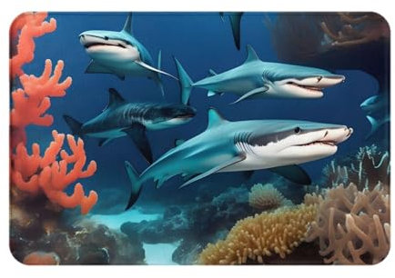 Fussmatte Eingangsteppich Waschbar Badvorleger Schmutz Widerstehen Eingangstürmatte Für Flur Küche Schlafzimmer 40X60Cm Unterwasser-Hai-Koralle