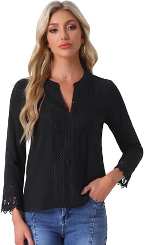 Allegra K Donna Boho all Uncinetto in Pizzo A Maniche Lunghe Abbottonatura A Mezzo Bottone Bluse e Camicie Nero L