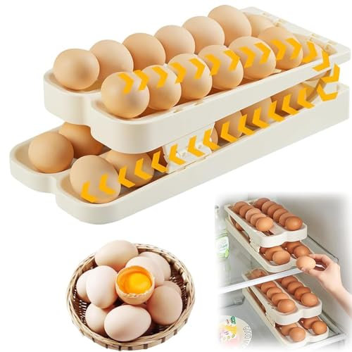 Koqit Support à œufs pour 30 œufs, rangement d'œufs pour réfrigérateur, bac à œufs pour réfrigérateur, 3 niveaux anti-casse et porte latérale programmée, étagère à œufs pour cuisine