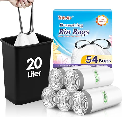 Teivio Sacchetti per la spazzatura piccoli da 20 litri con rubinetto per cravatta, 60 sacchetti per la spazzatura con coulisse resistenti per bidoni della spazzatura da 15-20 litri, sacchetti per la