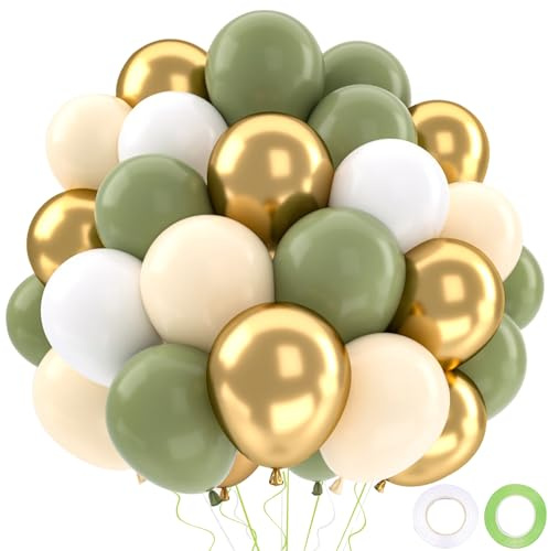 52 ballons verts et blancs pour décoration de fête, olivgröna vita metalliska guld latexballonger med neutral ballong för djungel tema födelsedagsfest jubileum baby shower dekoration bröllop (12 tum)