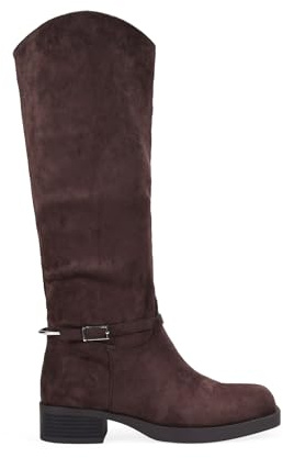 BOSANOVA Botas Altas Planas para Mujer Estilo Bota de Montar en Ante con Pieza metálica en el talón, Hebilla y Suela Plana. Cierre con Cremallera. Calzado para Mujer Marron 39