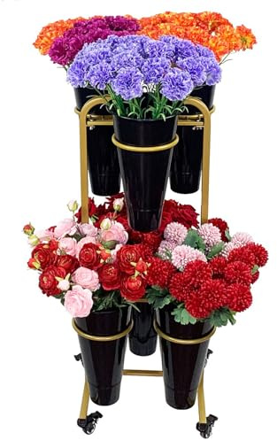 Soporte móvil de metal para exhibición de flores con cubo de flores, carrito rodante para ramos de flores frescas, carrito de plantas con ruedas para uso en floristería