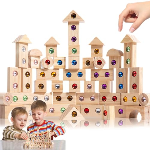 Lot de 50 blocs de construction en bois arc-en-ciel pour enfants à partir de 3, 4, 5 ans - Blocs de construction colorés en bois - Jeu d'empilage et blocs de construction - Jeu sensoriel arc-en-ciel