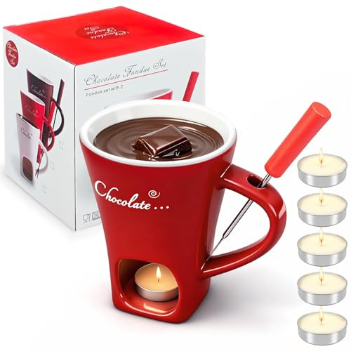 Bagzoo chokladfondue-kopp, 200 ml chokladfondue-kopp, mångsidig chokladfondue-set med gaffel och värmeljus, lämplig för ost, choklad, smör och karamell (röd)