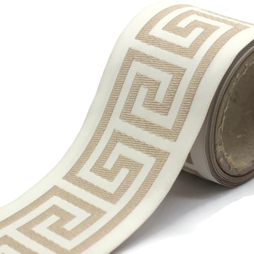 Nastro decorativo 70 mm avorio e beige sabbia motivo greco meander, nastro tessile per tende, arredamento e fai da te, nastro bordo 3,5 m by spool, finitura elegante per progetti creativi