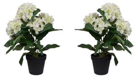 GreenBrokers x2 Artificial 42cm White Hydrangea Bush in Black Plastic Pot - UV Protected - Faux Silk