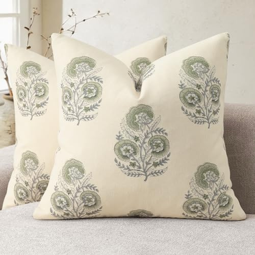 YCOLL Vintage Blumendruck Kissenbezug 40x40 2er Set Blumen Kissenbezüge, Sofakissen, Modernes Design Dekokissen für Sofa, Couch, Stuhl, Bett, Wohnzimmer Heimdekoration, Salbeigrün